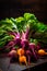 Heap of vibrant fresh beets at the farmer\\\'s market, locally grown new harvest
