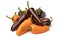 Heap of whole fresh orange and chocolate mini pointed bell peppers close up on white background