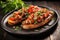 heaped bruschetta served on rustic slate serving plate