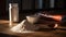 a heaping measuring scoop filled with protein shake powder resting on a wooden table surface, with spilled protein