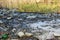 Heaps of construction waste, household waste, foam and plastic bottles on the shore of a forest lake, environmental pollution