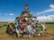 Heaps of stones (Aobao) build on a vast pasture in Xilinhot in Inner Mongolia. The Heaps has a lot of colorful prayer flags