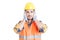 Hear no evil gesture with handsome engineer or constructor