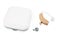 Hearing aid next to a white closed box on a white isolated background