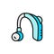 Hearing aid receiver in ear canal flat color line icon.