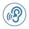 Hearing, audio, ear, eye, listen, sense, sound icon. Rounded blue vector design.