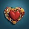 Heart arranged with food products vegetables fruits, fast food, dark background. Heart as a symbol ofction and love