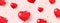 Heart balloon with gold confetti long banner. Happy Valentine`s Day holiday card. Realistic red balloons shape heart