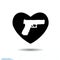 Heart black icon, Love symbol. Pistol Gun in heart. Valentines day sign, emblem, Flat style for graphic and web design, log