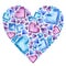 Heart with Blue and Pink Ice crystals, gemstones. Jewelry, watercolor hand drawn illustration.