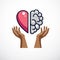 Heart and Brain concept, conflict between emotions and rational thinking, teamwork and balance between soul and intelligence.