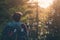 heart bubbles drifting around hikers head in forest