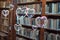 heart bubbles floating past a row of books in a cozy library