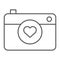 Heart with camera thin line icon, valentine and holiday, love camera sign, vector graphics, a linear pattern on a white