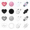 Heart with a cardiogram, ball, a training rope, a pulse watch. Training and a gym set collection icons in cartoon black