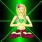 Heart chakra activation concept. Woman sitting in lotus pose with namaste hands.
