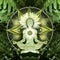 Heart chakra meditation in yoga lotus pose, in front of anahata chakra symbol and calming, green ferns.