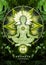 Heart chakra meditation in yoga lotus pose, in front of anahata chakra symbol and calming, green ferns.