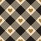 Heart check pattern in black, gold brown, beige. Seamless pixel gingham tartan with love hearts for Valentine`s Day holiday dress.