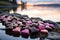 Heart chocolates in a peaceful lakeside setting, valentine, dating and love proposal image