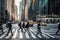 heart of the city, pedestrian crosswalk is blur of motion as people hurry across road, urban life