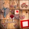 Heart collage Valentines love hearts set fabric old paper wood