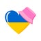 The heart in the colors of the flag of Ukraine is decorated with a cute pink panama. Modern popular 2022 print isolated