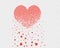 Heart consisting of many small pixel hearts dissolves, crumbles in the form of leaves. Vector illustration, banner. Isolated.