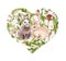 Heart with couple of rabbits, field grass, meadow flowers, summer herbs. Watercolor for Valentine day, wedding, save
