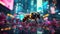 In the heart of a dazzling neon forest within a futuristic megacity, a bee takes flight, bearing a glowing jar of honey. As it