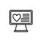 Heart on desktop line icon. Monitor with heart vector illustration isolated on white. Heart on computer outline style