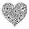 Heart doodle on white background. Hand drawn heart. Abstract heart made of many leaves and bright flowers isolated on a