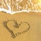 Heart drawn in beach sand, soft wave and solar glare. Love.