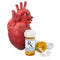 Heart drugs concept. Human heart with medical bottles and pills