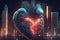 Heart with electric circuit and cityscape background