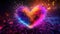 Heart enveloped in a burst of colorful, shimmering particles, abstract cosmic magical love