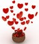 Heart falling into a wicker basket. The concept of a gift with love