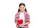 Heart filled with love. Valentines girl. Happy girl smiling with red heart. Adorable liitle child with love symbol