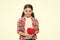 Heart filled with love. Valentines girl. Happy girl smiling with red heart. Adorable liitle child with love symbol