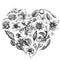 Heart floral design with black and white laelia, feijoa flowers, glory bush, papilio torquatus, cinchona, cattleya