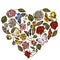 Heart floral design with colored lemon butterfly, red lacewing, african giant swallowtail, alcides agathyrsus, wallace`s