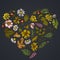 Heart floral design on dark background with celandine, chamomile, dog rose, hop, jerusalem artichoke, peppermint
