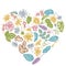 Heart floral design with pastel celandine, chamomile, dog rose, hop, jerusalem artichoke, peppermint