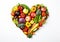 Heart formed by a group of vegetables and fruit in the most diverse colors. Healthy food