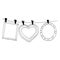 Heart and frame hang on clothespins on a thread sketch hand drawn doodle. template poster, card, decor, vector, monochrome,