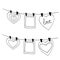 Heart and frame hang on clothespins on a thread sketch set hand drawn doodle. template poster, card, decor, , monochrome,