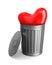 Heart into garbage basket on white background. Isolated 3D illus