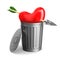 Heart into garbage basket on white background. Isolated 3D illus