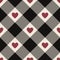 Heart gingham check plaid pattern in black, red pink, off white. Seamless pixel tartan with love hearts for Valentine`s Day.