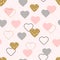 Heart glitter seamless pattern. Valentines Day background with glittering gold, pink, grey hearts. Golden hearts with sparkles and